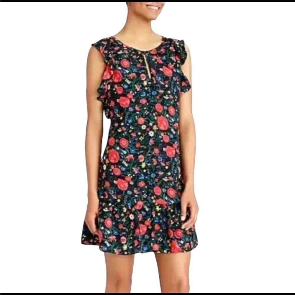 J. Crew Factory Black Red Floral Flutter Sleeve Shift Dress Sz S EUC